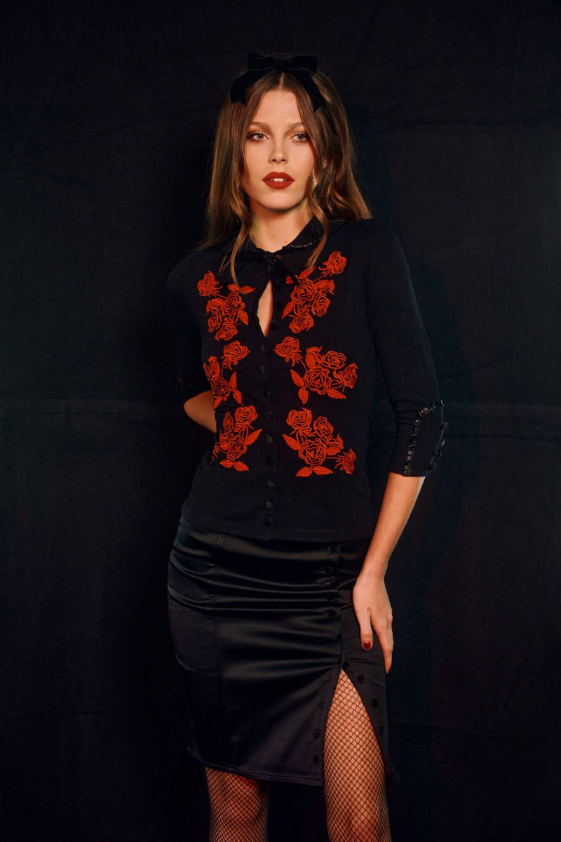 Dita Cardigan - Noir and Red Embroidery